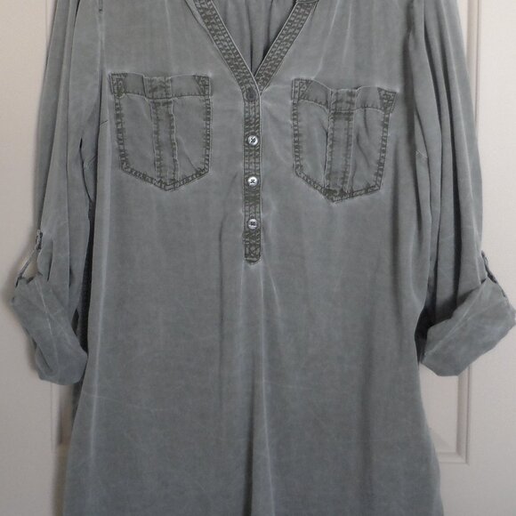 Shirt Dress Moss-Gray color Rolled-up-Button Sleeves Size Lg by Express - Picture 2 of 9